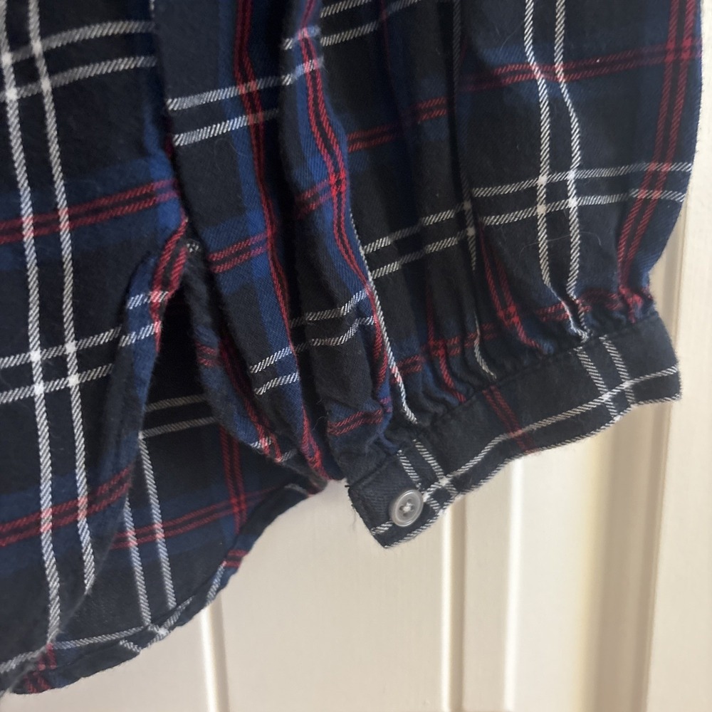 LOFT Plaid Flannel Peasant Blouse Small Navy Red Check Long Sleeve Holiday Top - Picture 6 of 6